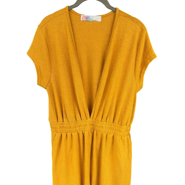 Free People Beach Rita One Piece Mustard Yellow Plunge Terry Jumpsuit Size Small - Image 4