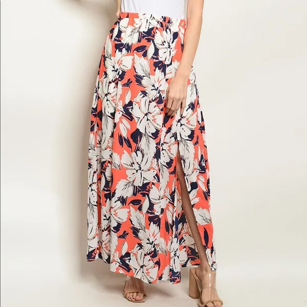 Floral Maxi Skirt Coral Navy High Waist Elastic Waist Side Slit Size Small - Image 2