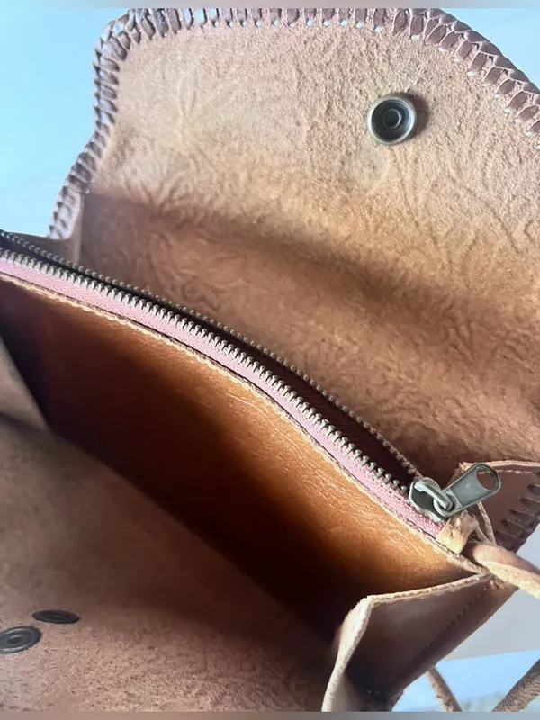 Hand-Tooled Leather Crossbody Purse Hand Made Floral Embossed Stitched Cognac - Image 6