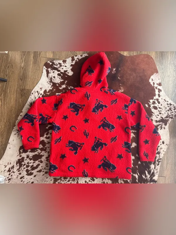 Wrangler Red Hooded Fleece Pullover with Navy Western print - Image 4
