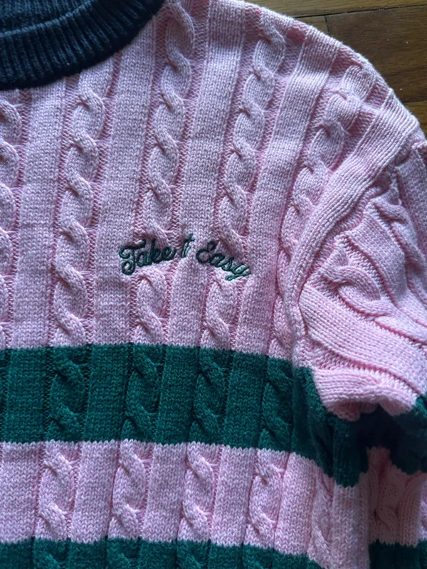 All in Motion Cable Knit Sweater Pink Green Striped “Take It Easy” XS Cozy - Image 2