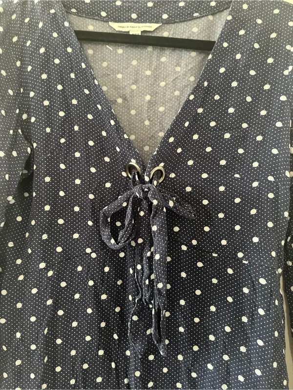 American Eagle Navy Blue Polka Dot Mini Dress Medium Lace Up Long Sleeve Coastal - Image 3