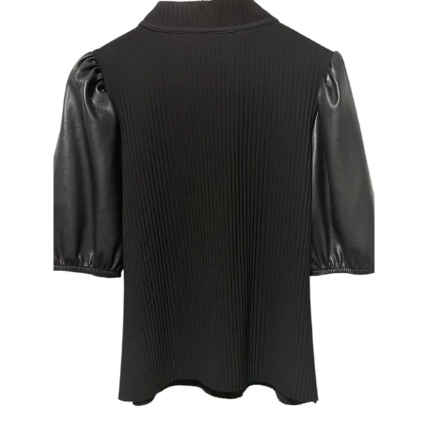 Marc New York Andrew Marc Black Ribbed Mock Neck Faux‎ Leather Puff Sleeve Top L - Image 2