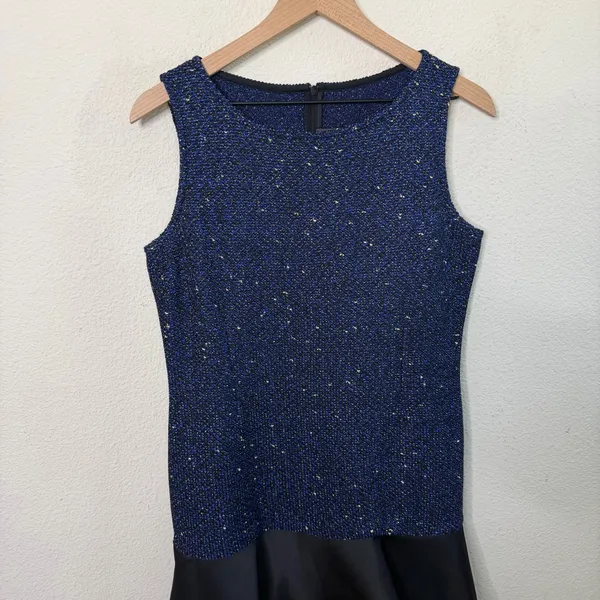 St John Navy Blue Sparkle‎ Tweed Two Tome Pep Hem Satin Skirt Flounce Size 6 - Image 3