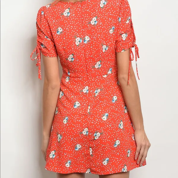 Red Floral Mini Dress Ruched Tie Front Lined Back Zip - Image 3