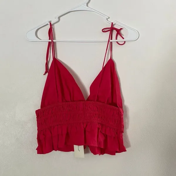 Sim & Sam Hot Pink Tie Strap Crop Top L Smocked Ruffle Coquette Y2K - Image 3