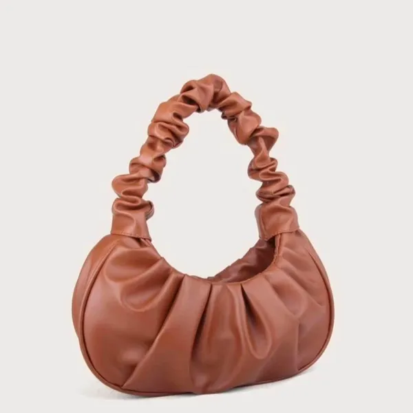 Brown faux leather ruched pleated scrunchy ruched shoulder hand bag bag purse. Measurement in pics - Image 2
