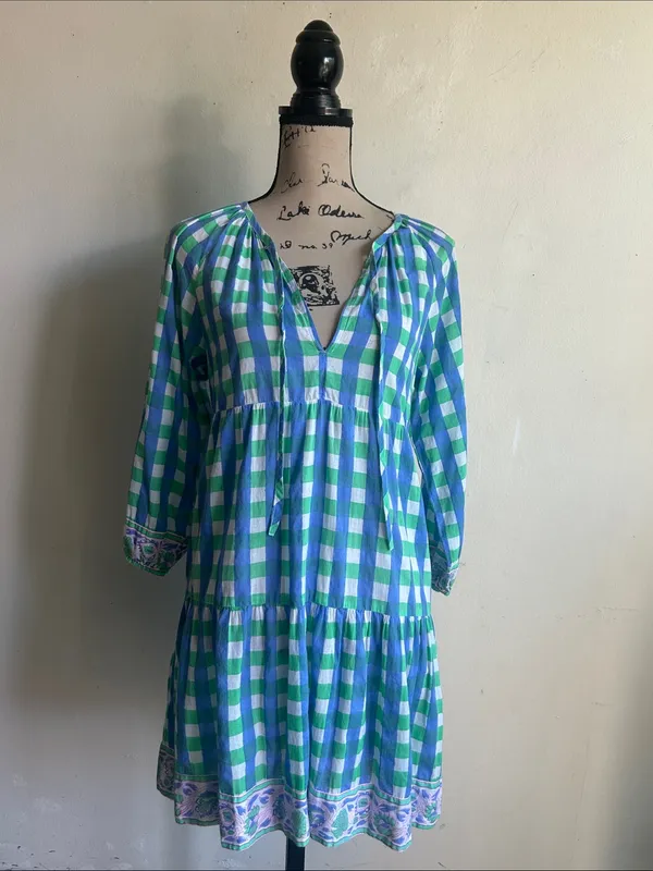 SZ Blockprints Priya Gingham Tiered Blue Green White Dress Size Small - Image 4