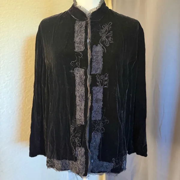 Chicos Black Silk Blend Velvet Beaded Lace Jacket Mandarin Collar Size 2‎ - Image 4