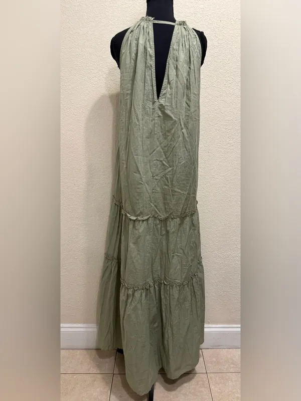 Zara Tiered Maxi Dress Halter Tassel Open Back Boho Resort Vacation XS Sage - Image 6