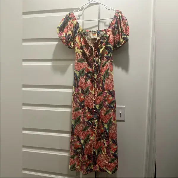 Farm Rio x Anthropologie Puff-Sleeve Sweetheart Linen‎ Midi Dress size XS - Image 5