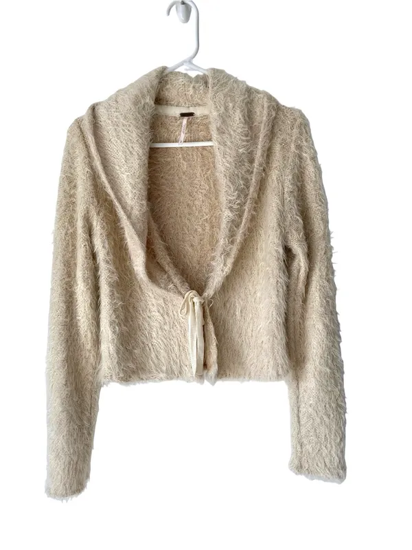 Free People Mina Plush Open-Front Ivory Fuzzy Jacket Tie Closure size small - Image 2