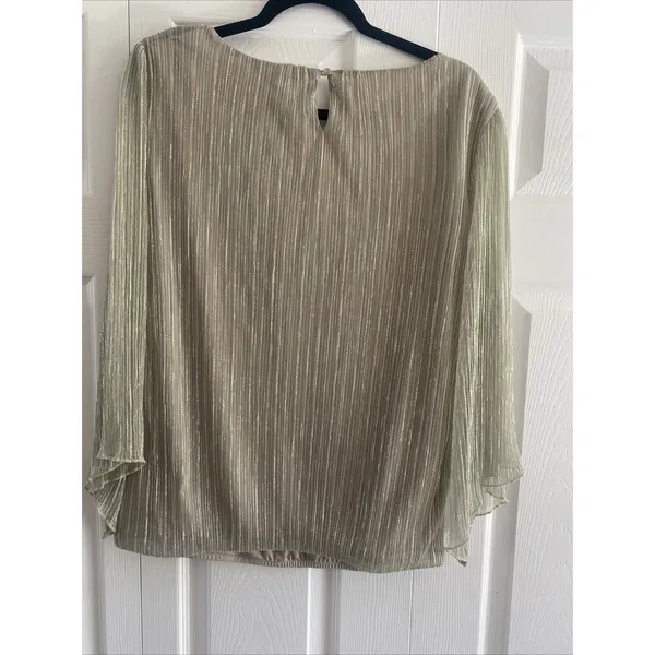 Sara Michelle Pleated Metallic Blouse Womens Size L Gold Shimmer Bell Sleeve Top - Image 7