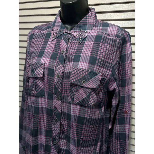 O'Neill Long Sleeve Shirt Pink/Gray Plaid‎ Size Medium Button Up Studs - Image 2