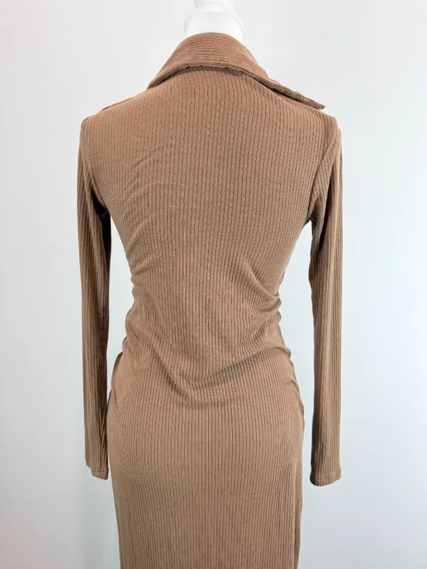 Lucca Brown Ribbed Long Sleeve Button-Down Midi Dress With Collared Neckline S - Image 11