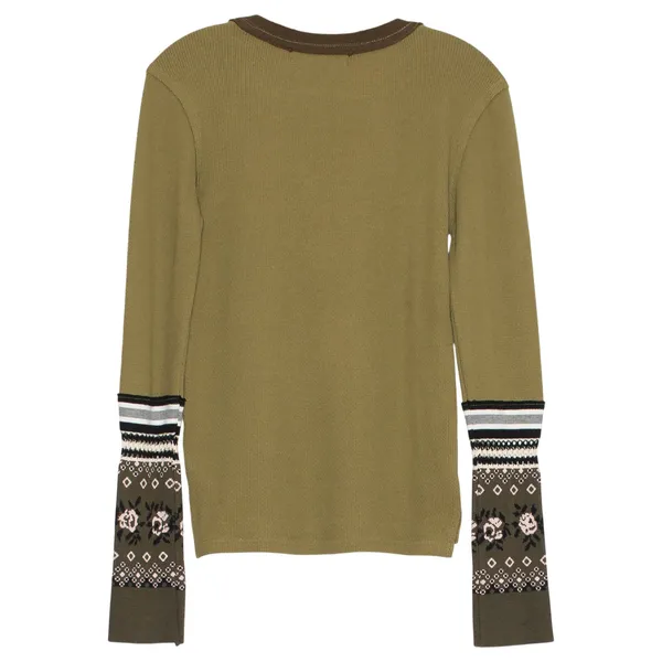 We The Free People Mikah Top Thermal Army Green Contrast Sleeve Boho Y2K Indie M - Image 3