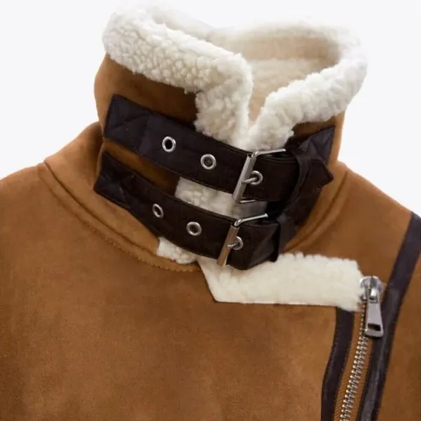 Zara Double Faced Fleece Structured Moto Jacket Sheepskin Chestnut Tan Aviator S - Image 3