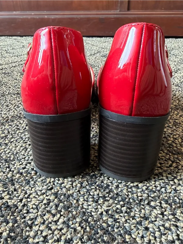 Journee Collection Evangeline Patent Leather Square Toe Block Heel Pumps in Red - Image 4