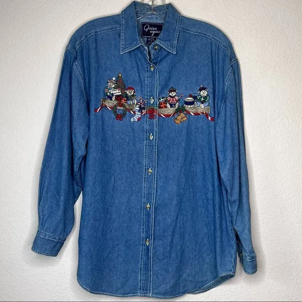 Vintage Quizz Again Denim Embroidered‎ Christmas Bear Shirt - Image 5