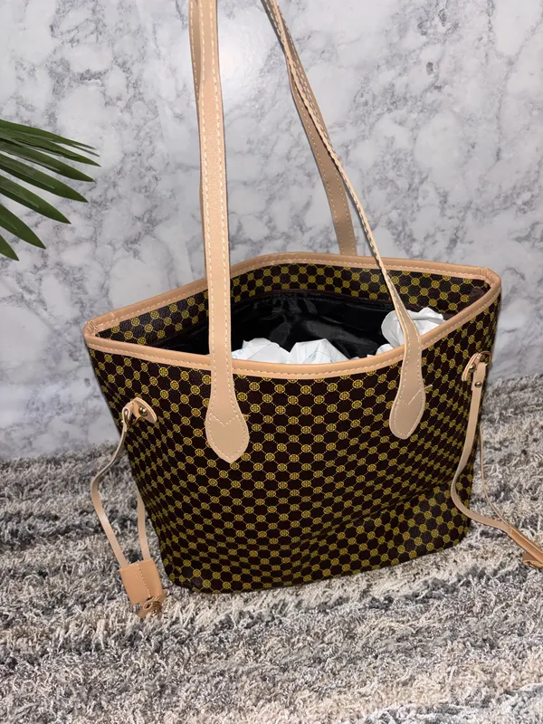 Brown Monogram Print Tote Bag with Beige Handles - Image 5