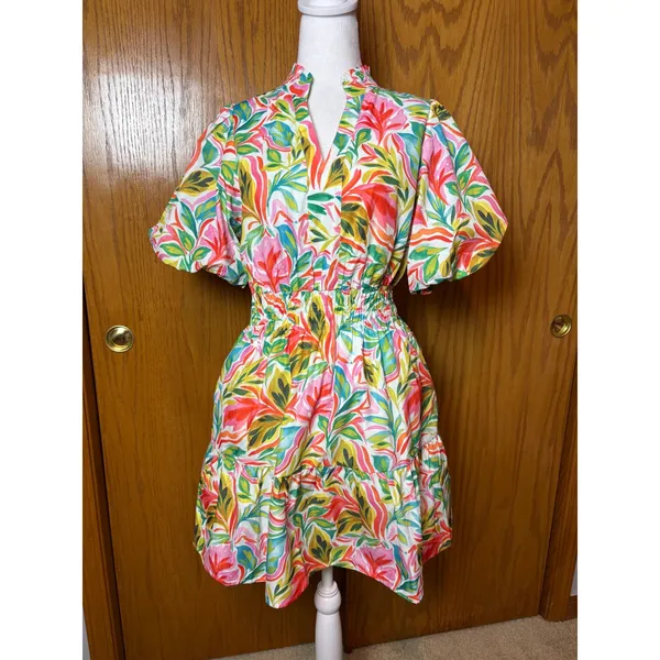 THML Tropical Leaf Print Smocked Waist Puff Sleeve Tiered Mini Dress Small - Image 2