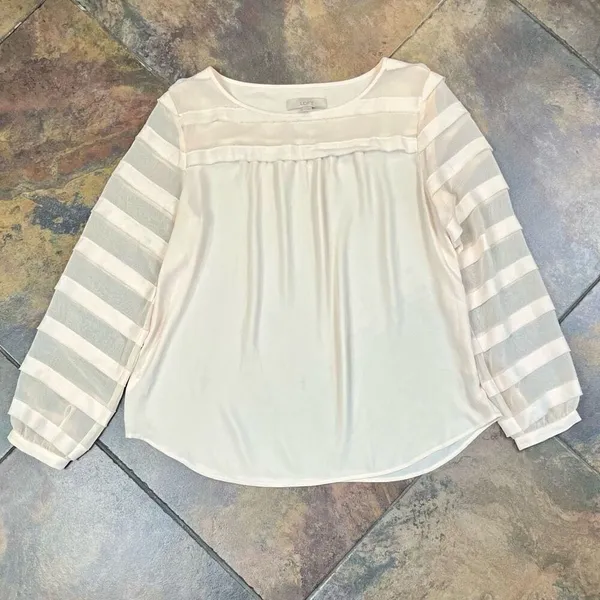 LOFT Women’s Cream Blouse Sheer Striped Sleeves Large - Image 7