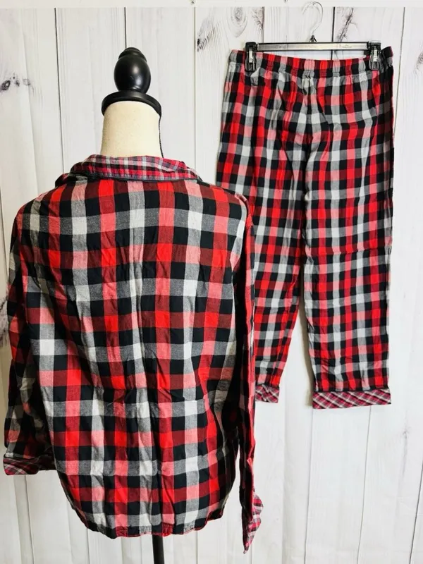 Victoria Secret Pajama Set Sz L Red Black Plaid Button Up Top Drawstring Pants - Image 5