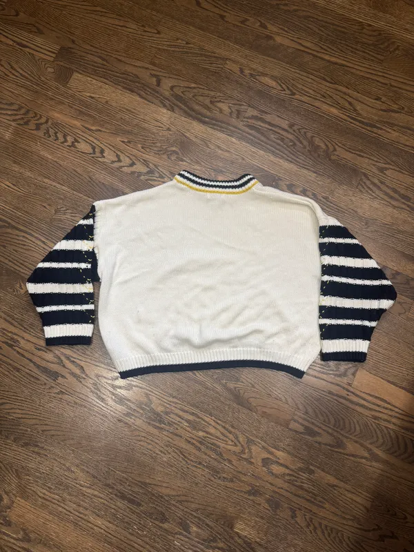 Top shop oversized puff striped sleeve mock neck cable knit sweater medium - Image 7
