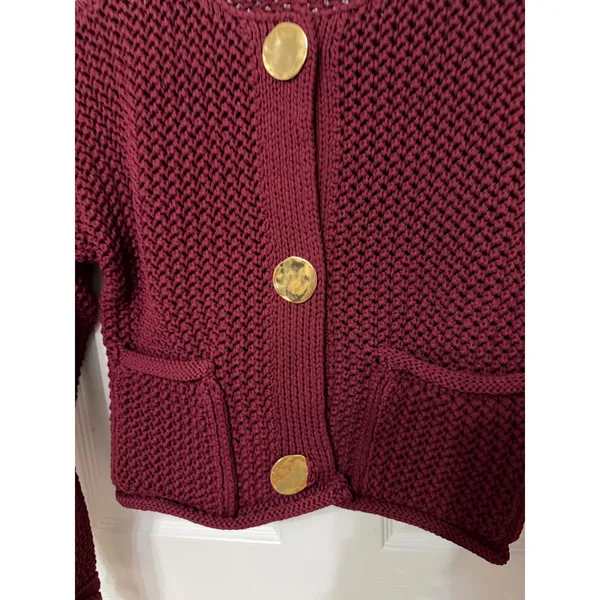 Zara‎ Burgundy Knit Cardigan Gold Hammered Buttons Cropped Sweater Small - Image 3