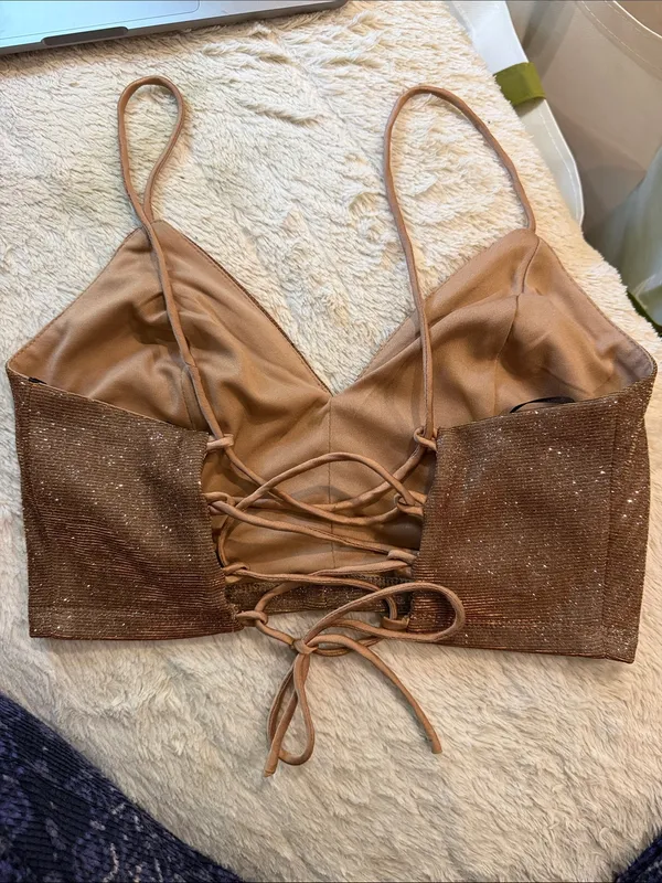 Lulus Sparkly Cropped V Neck Lace Up Back In Bronze Gold Size Small - Image 3
