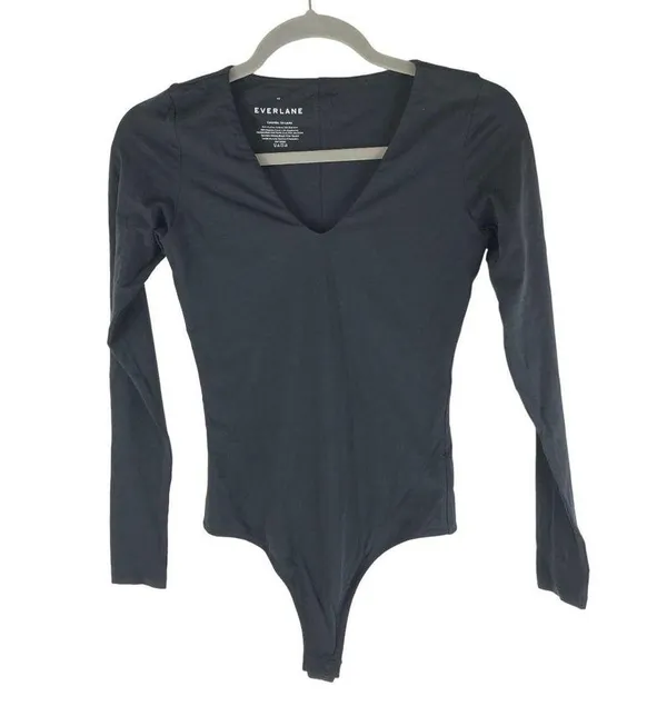 Everlane Womens The Long-Sleeve V-Neck Bodysuit Black Thong XS - Image 3