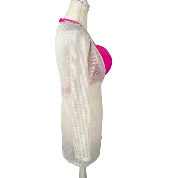 Mesh Swim Cover Up Womens Large Cream Deep Scoop Open Back Beach Dress - Image 4
