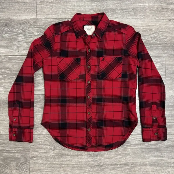 Abercrombie & Fitch Red‎ black Check Plaid Button Down Womans Career Shirt S - Image 8