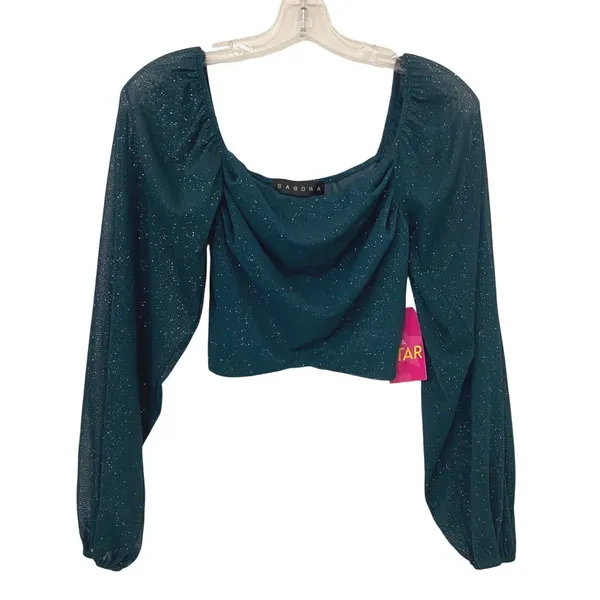 Fairygrunge Mesh Emerald Sheer Sparkle Ruched Long Sleeve Crop Top‎ Size S - Image 7