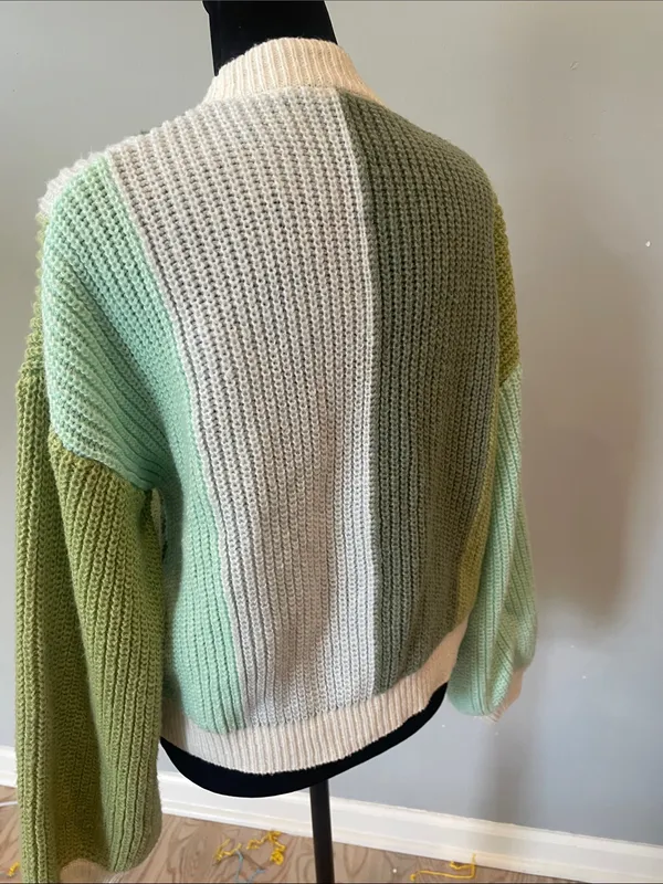Oversized Striped Open-Front Sweater Cardigan - greens and white - Image 3