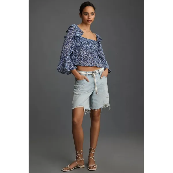 Anthropologie MAEVE Square Neck Sheer Babydoll Top Blue White Floral Large‎ - Image 4
