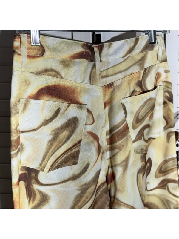 NWOT brown beige marble swirl print jeans high rise wide legs 70s boho hippie S - Image 4