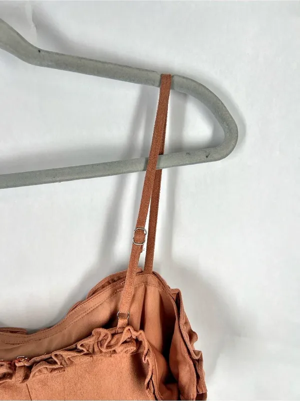 FIKA the BRAND Faux Suede Ruffle Mini Dress Brown Size L - Image 10