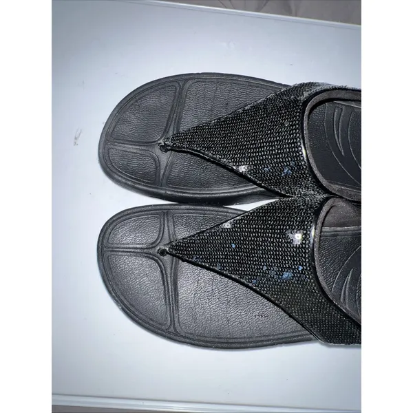FitFlop Women 9 Black LULU Sandal Sequin Sparkle Toe-Post Wedge‎ Thong Comfort - Image 9