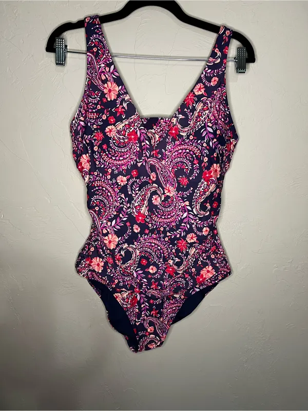 Lands End Purple Floral Paisley Grecian‎ Ruched Slimming One Piece Swimsuit - Image 2