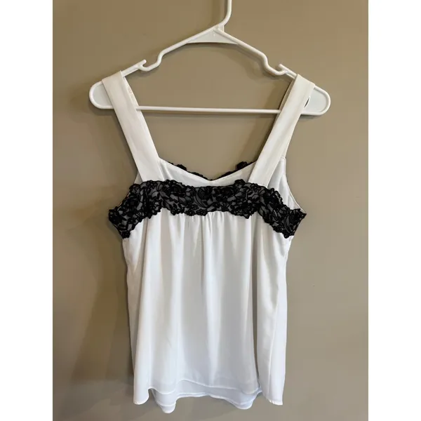 White House Black Market Lace Trim Camisole‎ Tank Top Ivory Black XS - Image 5