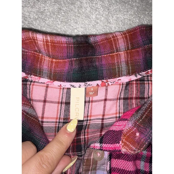 Anthropologie Pilcro Mixed Patchwork Flannel Buttondown Shirt Pink S Oversized - Image 5