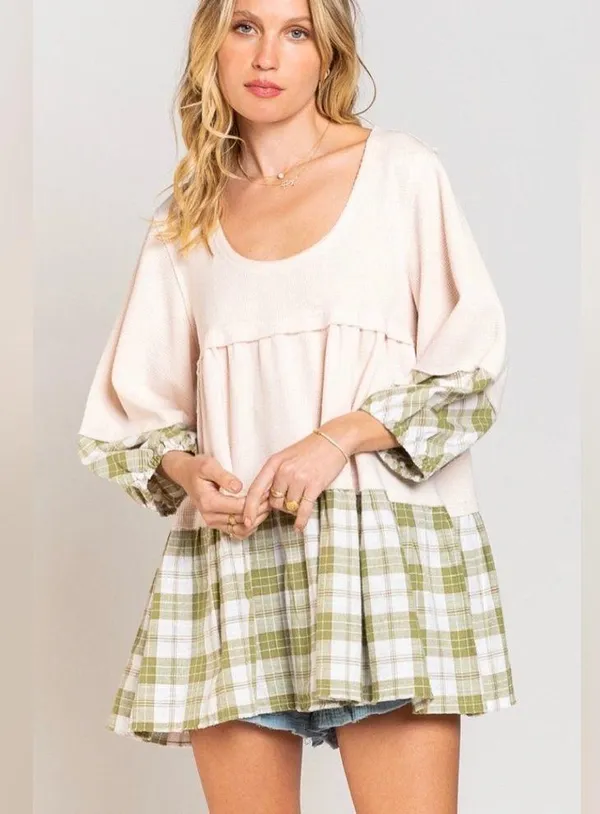 Shades Of Fall 3/4 Sleeve Plaid Rib Knit Tiered Tunic Balloon Sleeve Women’s Med - Image 2