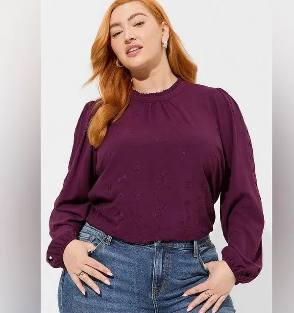 TORRID Challis Embroidered Cut Out Long Sleeve Blouse - Image 5