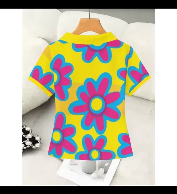Women’s Yellow Floral Print Short Sleeve Collared Top - Image 2