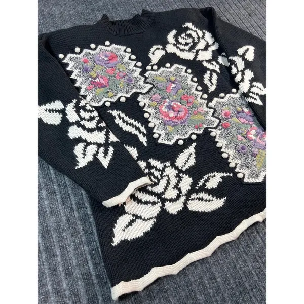 Vtg 90s Grandma Sweater L Black‎ Floral Ramie Cotton Textured Patchwork Cottage - Image 10