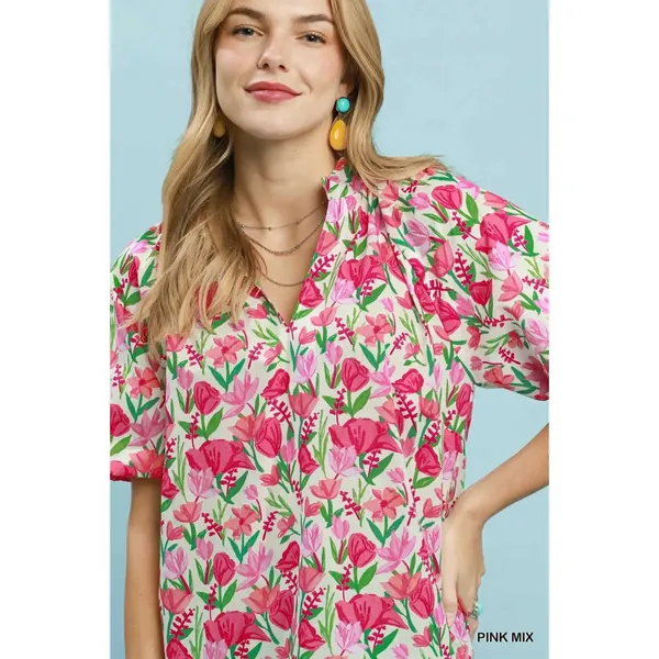 Umgee Floral Puff Sleeve Blouse with Scalloped Details - Medium‎ - Image 5