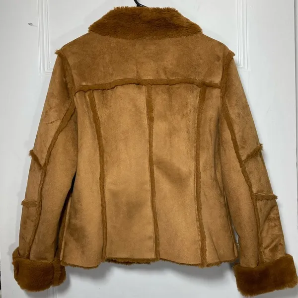 Wiya / Boutique Faux Suede Fur Full Zip Moto Jacket Camel Sz Medium - Image 12