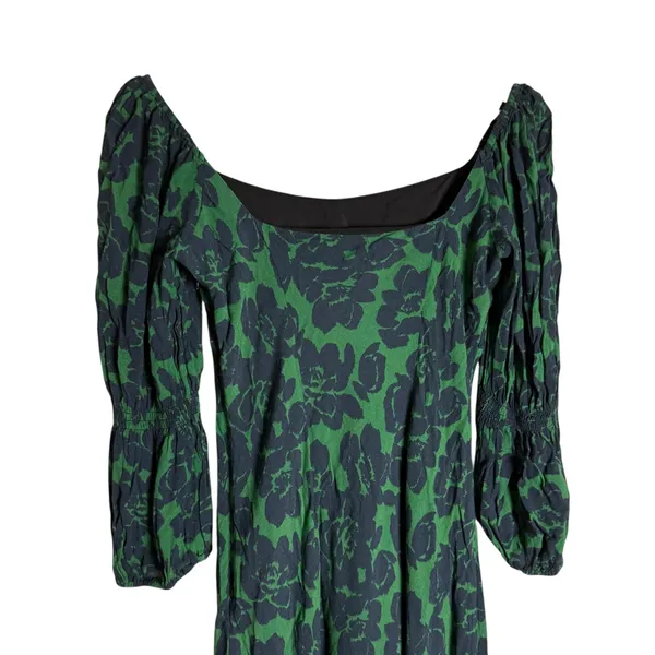 Peter Som Green Floral Print Crepe Long Sleeve Square Neck Midi Dress Size 6 - Image 12