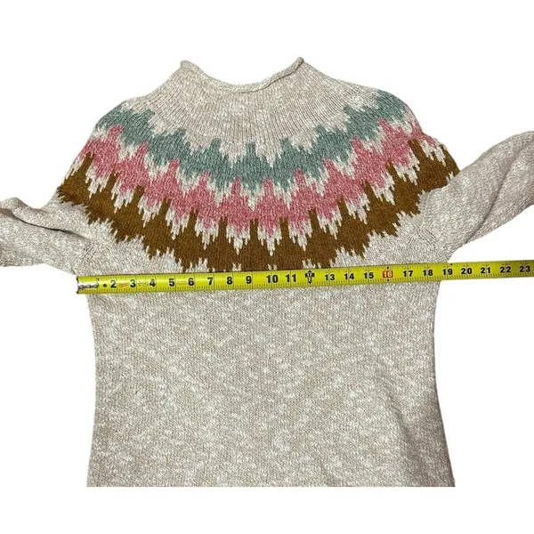 LL Bean Sweater Womens medium Beige Fair Isle Cotton Chunky Knit Mock Neck - Image 4